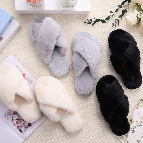 Image of VAIPI 6 Pairs Womens Cross Band Slippers Fuzzy Plush House Bridesmaid Slipper White | Black | Pink Open Toe Fluffy Slipper Soft Warm Bridal Slippers