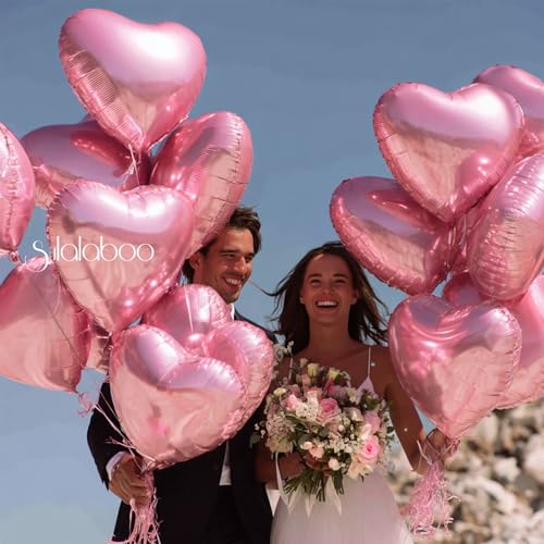 Image of 15Pcs Pink Heart Balloons Helium 18 Inch Foil Balloons | Heart Shaped for Valentines Day Mother's Day Engagement Anniversary Birthday Bridal Wedding Party Decorations