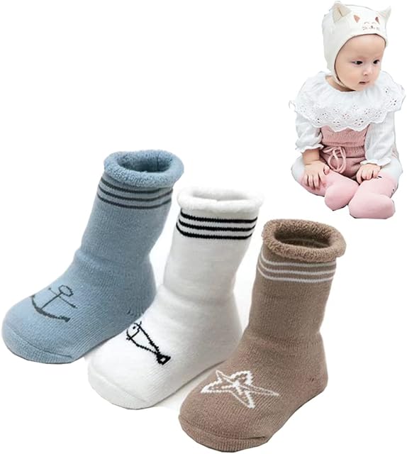 3 Pairs Toddler Ankle Thick Warm Socks Indoor Grip Socks 1-3 Year Baby Non Slip Winter Socks Mid-Calf Cartoon Animal Infant Crew Socks High Terry Socks for Baby Boys Girls