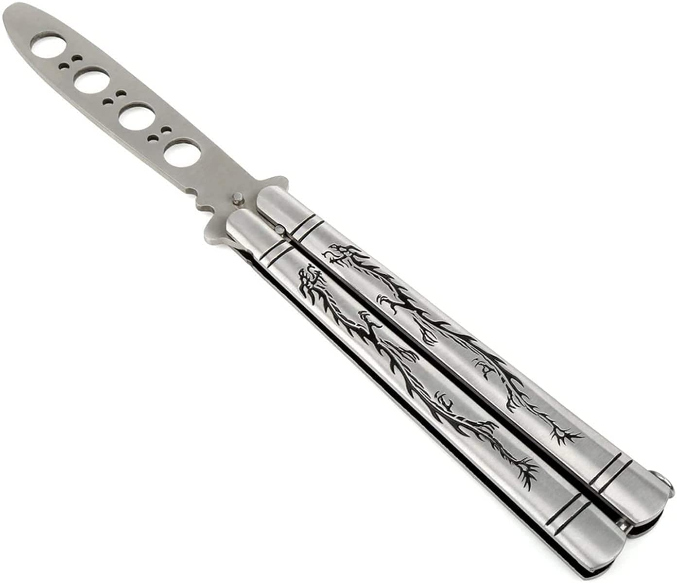 SKEIDO Practice Butterfly Knife, Full Stainless Steel Black Dragon Dull Balisong Trainer, Unsharpened Butterfly Knife Comb for CS GO Training (Sliver)
