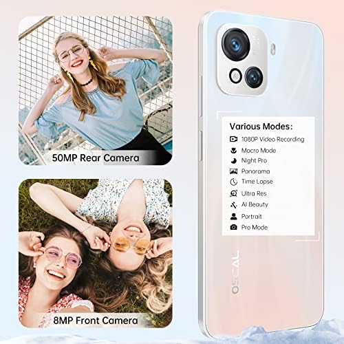 OSCAL C80 Smartphone, SIM Free Unlocked Android 12 Mobile Phone, 6.5" 90Hz HD+ Display, 8GB RAM 128GB, 5180mAh battery, Dual SIM, 50MP AI Dual Camera, 3.5mm jack - UK Version - 2 Year Warranty - White