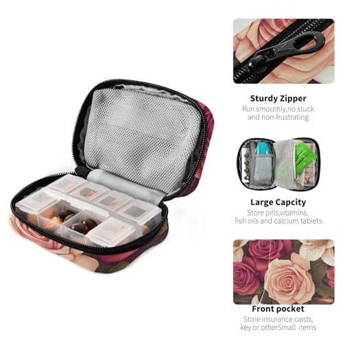 Image of Roses and Lily Flowers Cute Pill Organizer Weekly Travel Pill Box 7 Day Large Capacity Pill Dispenser Case with 8 Pill Container Daily Pill Box Organizer Vitamin Holder Pill Bot