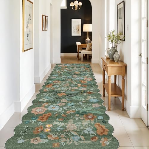Washable 3x10 Hallway Runner Rug: Floral Scalloped Soft Runners for Entryway Kitchen Nursery Non Slip Bathroom Floor Mat Water Resistant Light Weight Carpet for Living Room Bedroom (3x10 Floral/Green)