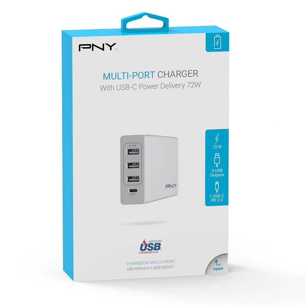 Caricatore Da Muro PNY A 4 Porte – 3 USB-A E 1 USB-C Con Power Delivery 60W, Bianco