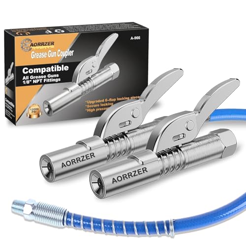 AORRZER Grease Gun Coupler 2 PCS, Strong Lock on Greases Gun Couplers, 12000 PSI Quick Release Grease Coupler with 12' Spring Flex Hose, Compatible with All Grease Guns 1/8' NPT Grease Gun Fittings