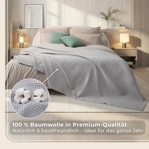 LAYNENBURG Premium Tagesdecke 150 x 200 cm - Waffelpique 100% Baumwolle - leichte Sommerdecke Waffeloptik - Baumwolldecke als Bett-Überwurf, Sofa-Überwurf, Couch-Überwurf - Sofa-Decke (grau)