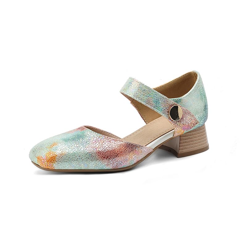 Women's Tie-Dye Ankle Strap Mary Jane Pumps Closed Square Toe Block Low Heel D'Orsay Dress Wedding Party Shoes Size 4-13 US