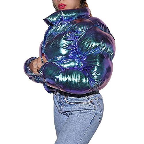 Citgeett 3IMJDXBDTG-V-2A2 Womens Metallic Quilted Puffer Down Jacket Long Sleeve Stand Collar Cropped Coat Outerwear Y2K Patent Leather Jacket thumb #6