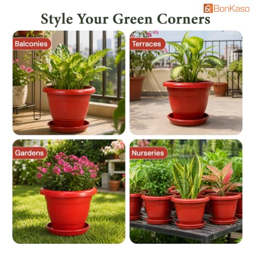 Image of Bonkaso 8 Inch Plant Pots with Drainage Plate (Set of 12, Red) | Heavy Duty Plastic Flower Pots for Indoor & Outdoor Plants | UV Resistant Garden Pots for Balcony, Terrace, Home & Nursery