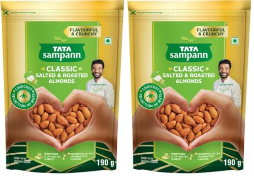 Image of Tata Sampann Classic Salted & Roasted Almonds /Badam, Flavourful & Crunchy Snack, Handpicked, Salted & Slow Roasted Almonds, Rich in Protein, Magnesium, and Phosphorus, No Artificial Colours, Preservatives & Flavours, 190g