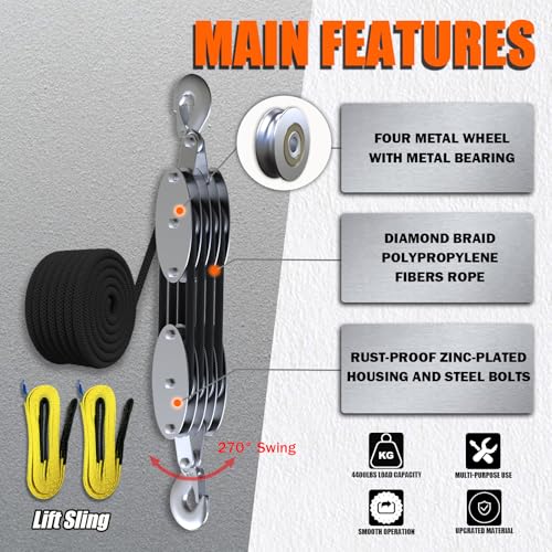 Rope Hoist Pulley System with Metal Bearing, 4400LB Pulley Block and Tackle, 8:1 Lifting Power 65ft, Heavy Duty Pulley Block for Hunting Lifting Garage Warehouses Building (with 2PCs Straps) - Image 3