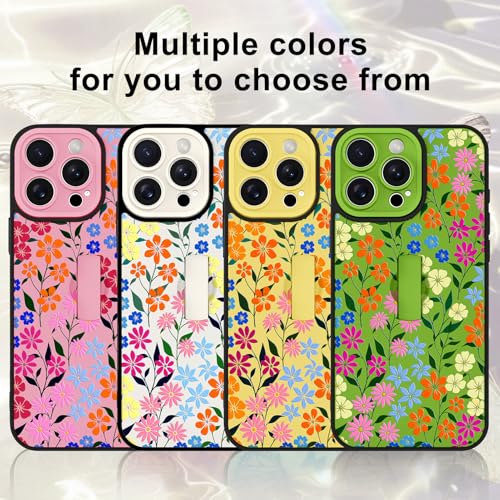 Image of for iPhone 15 Pro Max Case with Finger Strap Holder, Cute Colorful Floral Flower Print Pattern Design for Women Girls, Shockproof Anti Scratch Hand Kickstand Protective Cover, Green