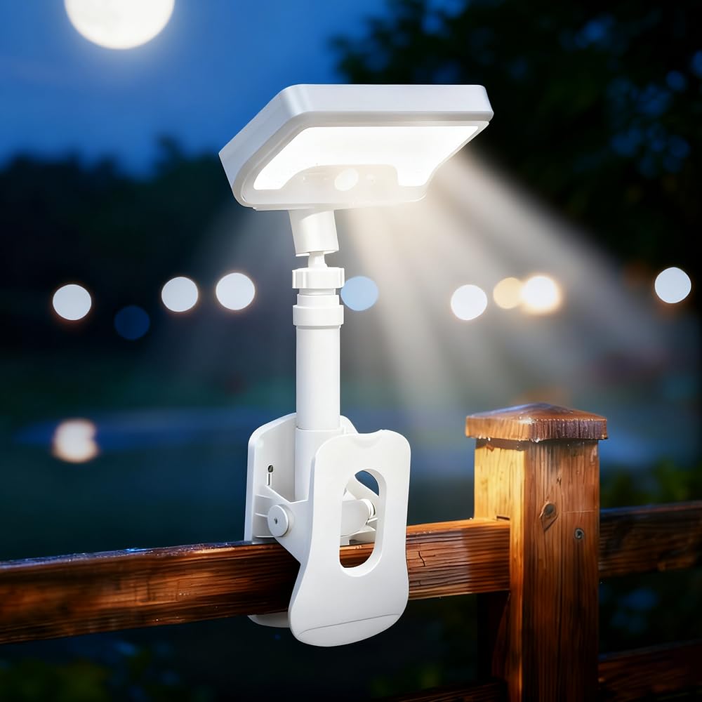Clip On Solar Lights Outdoor | 92 LEDs 600LM Motion Sensor Lamp for Fence, Camping, Deck &amp; Gutter, 360°Rotatable Adjustable (White)