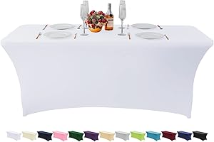 KSK 6 FT Premium Quality White Spandex Table Cover for Folding Tables
