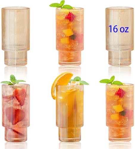 6 Pack Large 16Oz Ribbed Drinking Glasses Vintage Amber Set - Ele...