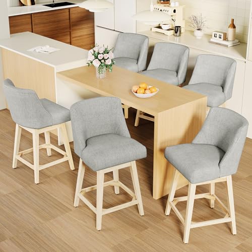 Image of Swivel Counter Height Bar Stools Set of 6, Modern Fabric Swivel Barstools with Contoured Back and Solid Wood Legs, Upholstered Counter Stool Bar Chairs for Kitchen Island, Home Bar, Grey