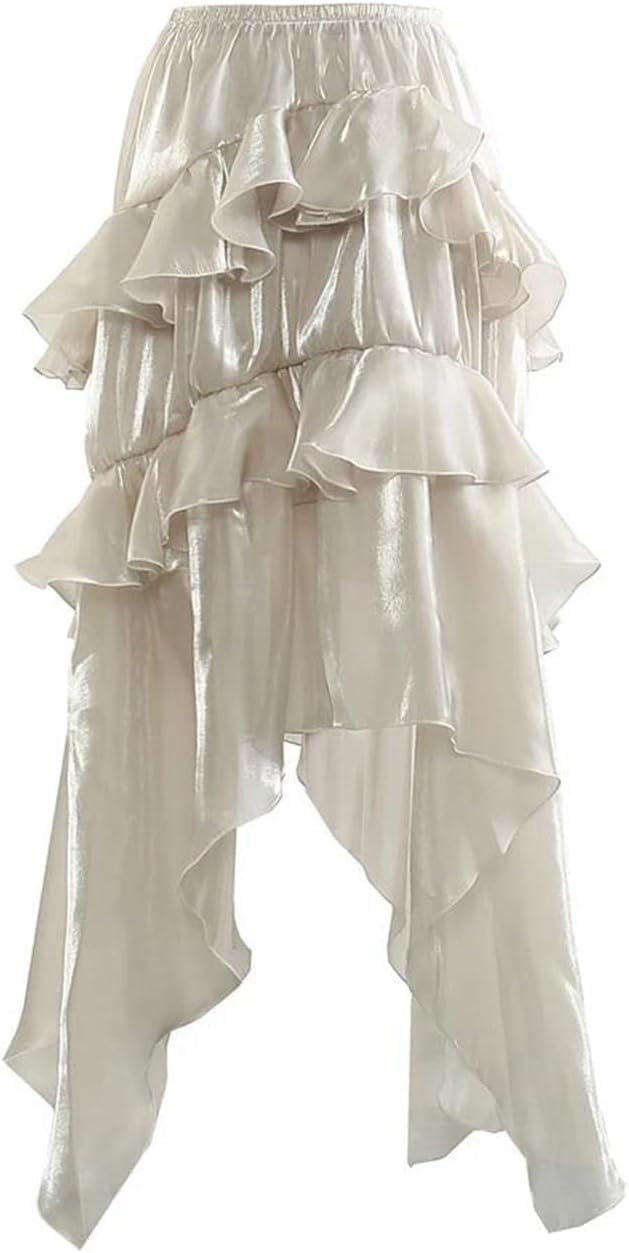Women High Elastic Waist Champagne Glossy Ruffles Irregular Skirt Elegant Flowy Spring Autumn