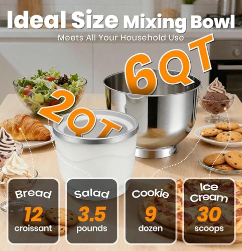 Image of Stand Mixer Set, 6QT Kitchen Mixer with LED Touchscreen, 11-Speed Tilt-Head Mixer with Timer, 4 Preset Menus, Stainless Steel Bowl, Dough Hook, Whisk, Beater,Plus 2QT Ice Cream Maker Attachment