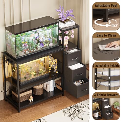 Image of 20 Gallon Aquarium Stand with Power Outlets Fish Tank Stand with 3 Drawers Metal Frame Heavy Duty Reptile Tank Stand with 3-Tier Storage Shelves,Left /Right Assembly, Adjustment Height (Black)