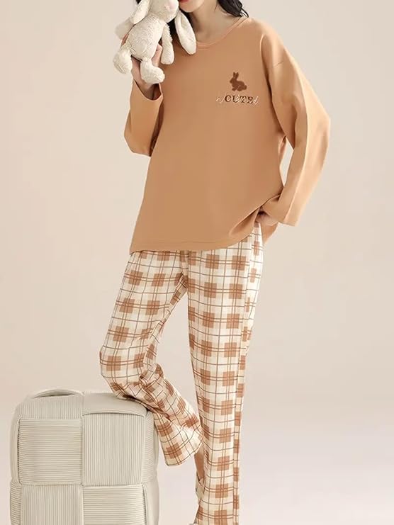 Image of LUXERUDRA Women's Pajama Set, Soft Breathable Korean Style Nightsuit with Top & Full Pants, Lightweight Loose Fit Nightwear & Loungewear for Girls & Women.