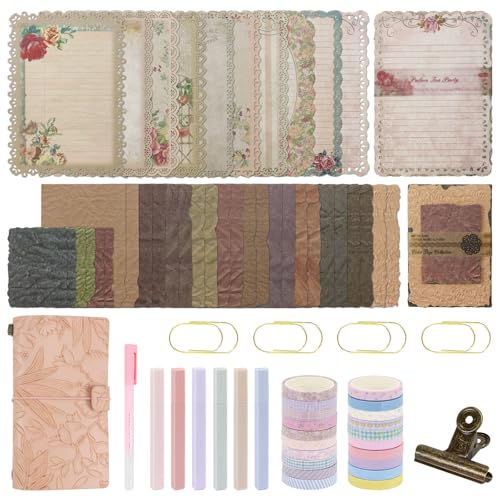 Vintage Scrapbook Kit, A6 Grid, Blank, Line Journal Notebook with Pink Leaf Embossing Leather Cover, Pens Washi Tapes Binder Clip Scrapbooking Supplies for Beginners