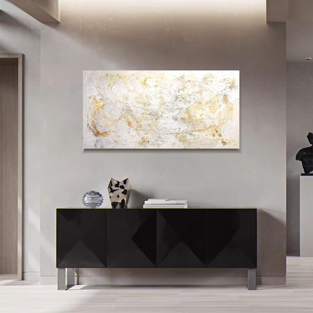Uudezo With Frame Framed Golden White Abstract Wall Art Suitable For Living Room, Bedroom Picture(20X40cm(8X16in)