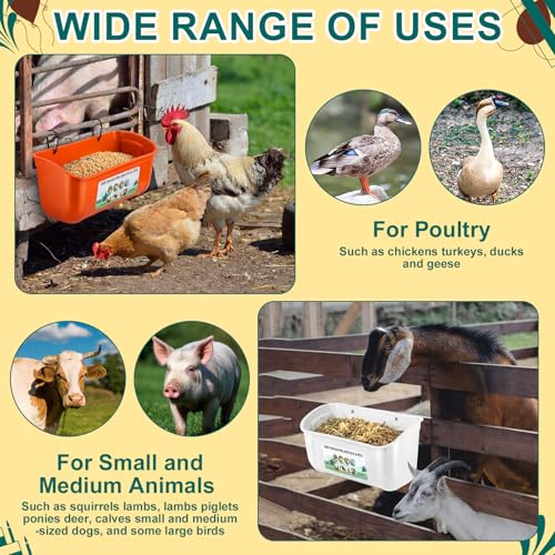Ferrochef 9 Pack Chicken Duck Feeder Waterer Hanging Goat Feeder Trough 2.5 Quart Livestock Feeding Trough with Scoop & Brush for Pig, Poultry, Fence Feeding, 22.5 Quart Total (White, Orange, Black)