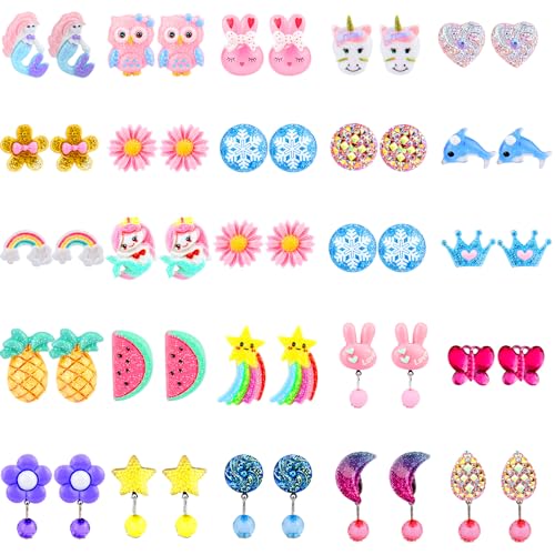 Hicdaw Kids Clip On Earrings for Girls, 25/30 Pairs Party Favor Hypoallergenic Jewelry Earrings for Kids Ages 4-12, Cute Animal Clip On Earrings for Little Girls with No Ear Holes Set Mixcolor