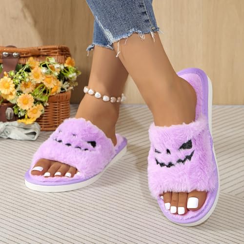 Slippers for Women 2025,Women's Spooky Slides Halloween Slipper Lantern Pumpkin Soft Plush Cozy Open Toe Indoor Outdoor Fuzzy Slippers3