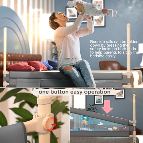 Image of BAYBEE Baby Bed Rails Guard (180x63 cm), Bedrail for Baby Kids Safety, Portable Bed Rail Falling Protector Fence with Adjustable Height, Foldable Bed Rails for Newborn, Pack of 2, (Grey)
