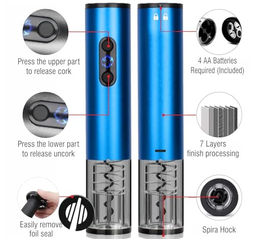 Image of COKUNST Electric Wine Corkscrew Bottle Opener with Foil Cutter & LED Light | Battery Operated Automatic Wine Opener for Home, Party & Restaurant Use - Blue