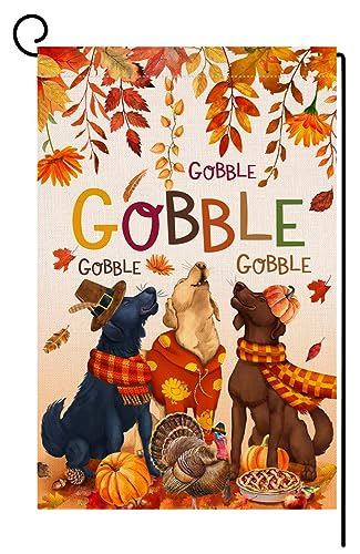 Blkwht XX-FLG-FAL-3DOG-GOB-230804-1 Fall Thanksgiving Garden Flag 12X18 Vertical Double Sided Dog Turkey Pumpkin Leaves Autumn Holiday Outside Decorations Burlap Yard Flag Bw511 cover