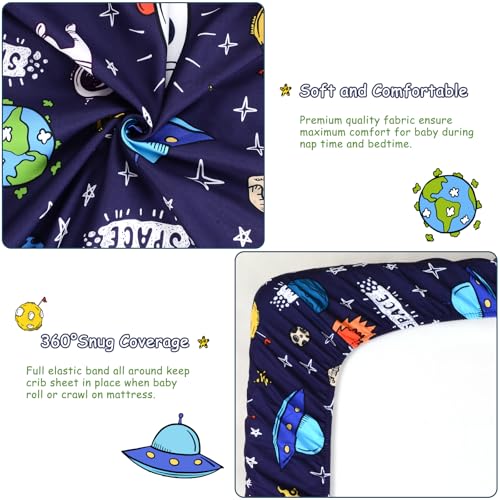 Image of JISEN Baby Crib Sheets Soft Breathable Space Fitted Crib Sheets for Standard Crib and Toddler Mattress Baby Bed Sheets for Boys Girls Neutral 52x28 Inch Navy