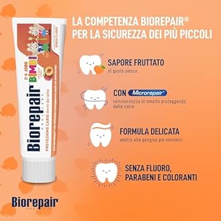 Biorepair, Dentifricio Bimbi 0-6 anni, Dentifricio Biorepair per Bambini Senza Fluoro Gusto Pesca, Anticarie, per Gengive Sane, 50 ml