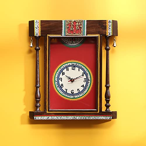 Image of AAKRITI ART CREATIONS Wall Clock Handcrafted Warli Art Red Dial with Glass Frame Brown, Red | Clock for Home, Home Decoration | Wooden wall Decor | Matte Finish