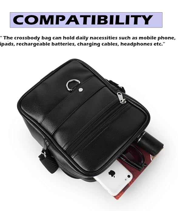 Image of Leather Mens Sling Bag Small Size for Travel, Crossbody Shoulder Bag for Men, Compact Chest Bag with Adjustable Strap, Stylish Mini Side Bag for Daily Use, Office & Outdoor (Sapphire Black, Medium)