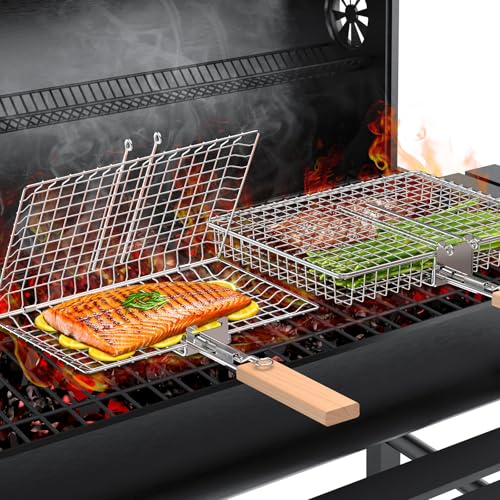 ivtivfu Fish Grill Basket Set, Removable Wooden Handle, 304 Stainless Steel, Nesting BBQ Tools, Smoker Grilling Accessories for Vegetable, Outdoor Cooking Camping, Birthday Gifts for Men Dad Husband