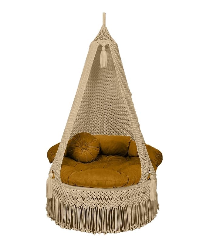 Image of Macrame Hanging Chair Swing with Cushion | Handmade Boho Hammock Chair for Adults & Kids | Indoor Outdoor for Balcony, Living Room, Bedroom, Patio & Garden (Beige)