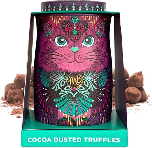 Monty Bojangles Cocoa Dusted Chocolate Truffles Cat Tin (Violet Rebel - 135g) Choccy Scoffy Flavoured Luxury Chocolatey Truffles - Collectable Cat Tin Truffles Chocolate Gift Box With Bespoke Design