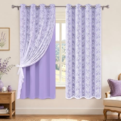Image of Yinhua Purple Blackout Curtains for Bedroom Double Layer Nursery Curtains for Living Room 63 Inch Length 2 Panels Set Kid Curtain with Floral Sheer Overlay, Grommet Drapes with Tiebacks, 52 inch W x 63 inch L