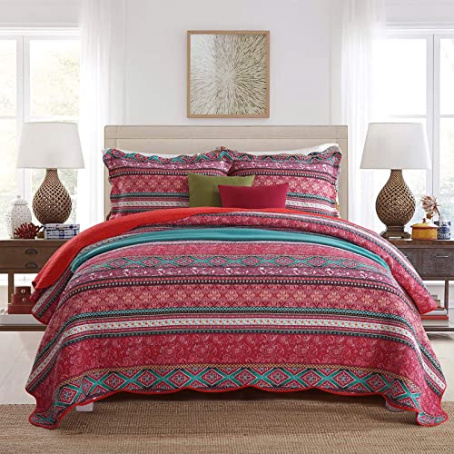 Honeilife King Size Quilt Set - 3 Piece Cotton Bedspreads Retro Coverlet Lightweight Bedcover Warm Bedding Set All Season Quilts,Rose Red #TOP9