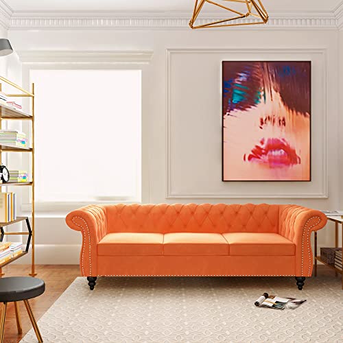Image of ORRD Chesterfield Sofa Velvet, Modern Tufted Couch 3 Seater with Rolled Arms and Nailhead for Living Room, Bedroom, Office, Apartment (Orange)