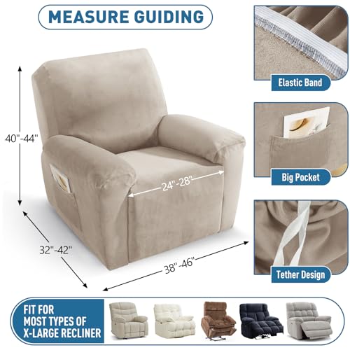 Image of ZNSAYOTX 2026 Velvet Oversized Recliner Cover 3-Piece, Luxury Plush Recliner Chair Covers with Elastic Band & Ties Stay in Place, Stretch Reclining Slipcover for Lazy Boy Soft Washable (Khaki)