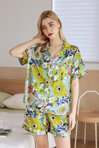 Image of YiNi LuLu Womens Silk Satin Shorts Pajamas Set Button Down 2 Piece Pjs Short Sleeve Oversized Sleepwear with Pockets