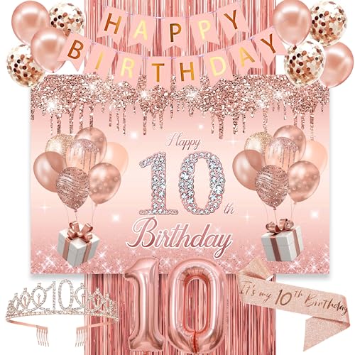 Image of 10th Birthday Decorations for Girls,Banner,Backdrop, it's my 10th Birthday Sash, Sweet Rhinestone Tiara Crown,Balloons