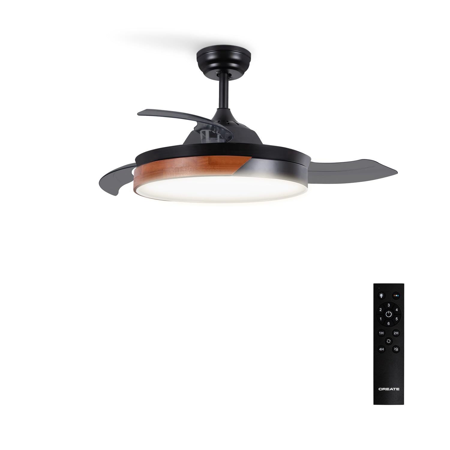 CREATE / WIND CLEAR/Ventilador de techo con luz negro madera oscura con mando / 40W, Ø108 cm, temporizador, 6 velocidades, aspas retráctiles, 3 temperaturas de luz, función verano-invierno