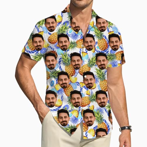 ROHBVMN Chemise Personnalisable – Personnalisé Chemise hawaïenne, déguisement drôle avec Visage, Motifs Floraux tropicaux, Chemise boutonnée à Manches Courtes soirées à thème et fêtes d’été Festivals