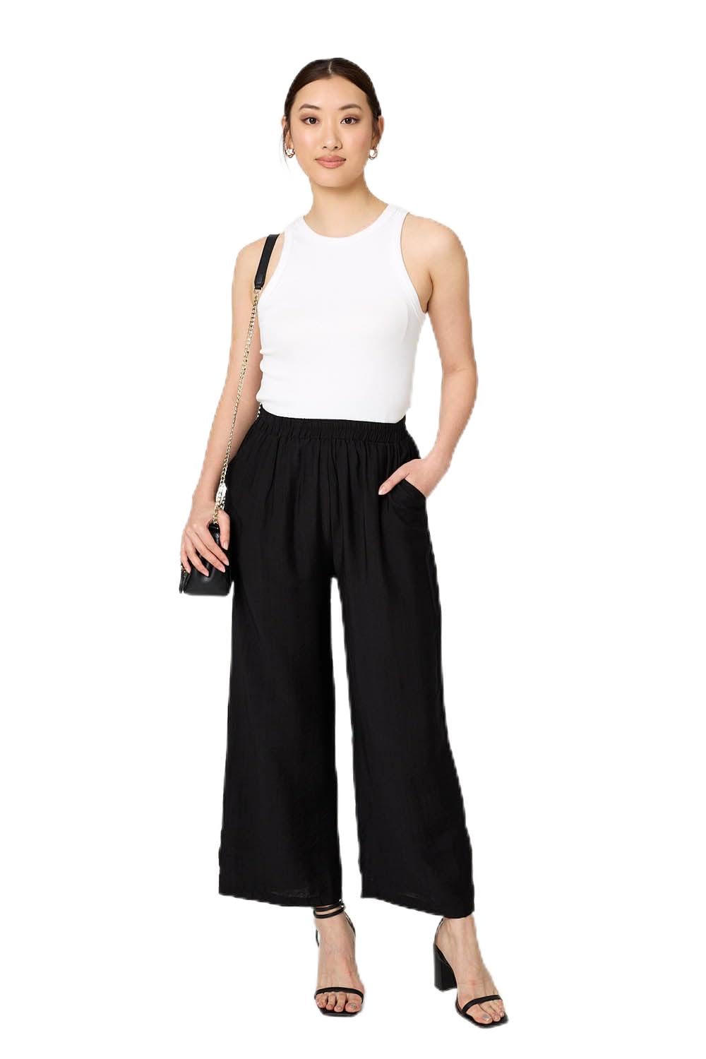 Izabel London Women's Black Elasticated High Waist Wide Leg Trousers In Size 12