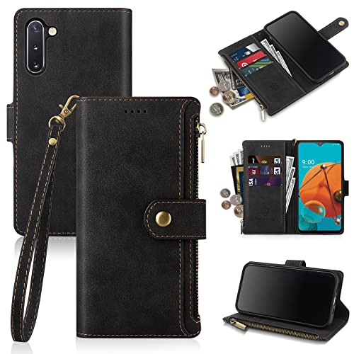 Antsturdy for Samsung Galaxy Note 10 (6.3") Wallet Case, Luxury PU Leather Folio Flip Protective Cover with Wrist Strap [RFID Blocking] [Zipper Poket] Credit Card Holder [Kickstand Function]Men Black