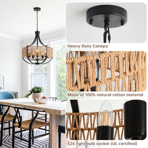 VDWO 20" Rattan Farmhouse Chandelier Light Fixtures,5-Light Rustic Rattan Pendant Lighting with Woven Wicker Shade Boho Black Hanging Ceiling Light for Dining Room Living Room Kitchen Island Bedroom - Image 3
